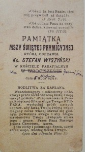 PAMIATKA MSZY SWIETEJ PRYMICYJNEJ KS. STEFAN WYSZYŃSKI WROCISZEW 1924