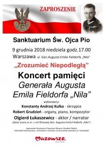 WARSZAWA GOCŁAW PLAKAT 9.12.2018. KONCERT PAMIĘCI GEN. AUGUSTA EMILA FIELDORFA NILA